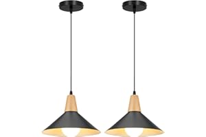 LIGKIN 2 Piezas Lámpara Colgante Industrial Moderna Ø25cm Pantalla Metal Madera Lámpara de Techo Retro E27 Iluminación para Cocina Comedor Cafetería, Negro