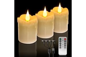 ALED LIGHT 3pcs cera real se puede cargar vela LED blanca cálida sin llama, control remoto, vela de lámpara de té con brillo ajustable y batería intermitente, con cronómetro, para navidad, decoración del hogar
