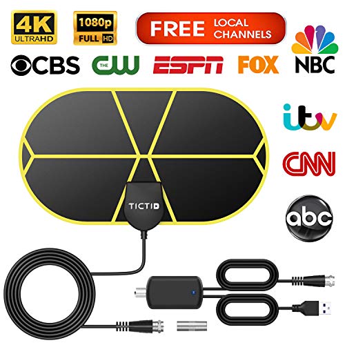 Antena TV Interior, TICTID Antena TV Portátil HDTV Digital con Amplificador de Señal Inteligente, Soporte 4K 1080 HD/VHF/UHF, Apto para Todos los Tipos de TV