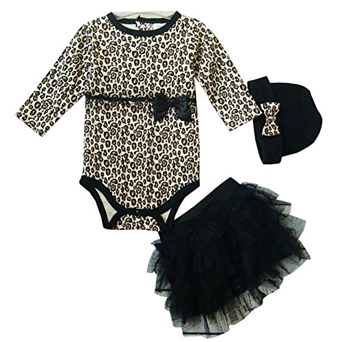 ZOEREA 3 PCS Set Newborn Baby Bowknot Bow Warm Hat Hats+ Leopard Print Romper Outfit Clothes Long Sleeve Bodysuit + Tutu Pleated Lace Skirt Veil Dress Dresses for 0-12M Baby Girls