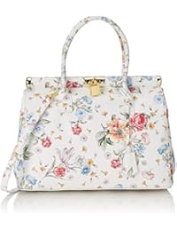 CTM Borsa a mano da Donna in vera pelle made in Italy con fantasia floreale e tracolla interna - 35x22x15 Cm