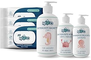 Kikido Cofanetto Nascita - Set Bagnetto Neonato con 3 Salviette, Shampoo, Detergente Intimo e Bagnoschiuma Bambini 2 in 1 - Kit Neonato Igiene Nascita per Pelli Sensibili - Regalo Lista Nascita