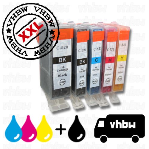 vhbw 5x Druckerpatronen Tintenpatronen Set mit Chip für Canon Pixma IP3600, IP4600, IP4700, MP540, MP550, MP620, MP630 wie PGI-520BK, CLI-521.