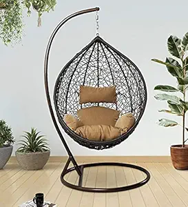 WildMonk Single Seater |Swing Chair with Stand & Cushion & Hook Outdoor Indoor| Outdoor| Living Room | Balcony | Garden | Patio | Home Improvement(Brown Stand, Brown Basket, Mustered Cushion)