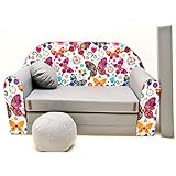 WELOX a33 KindersofaBettfunktion3in1-Kindersessel,Ausziehbett,Schmetterlinge, Eierschalenfarbe