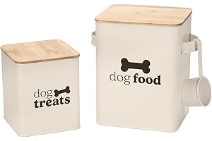 DANIEL JAMES Housewares 2 Pack Dog Food and Treats Storage Box Canister Tin with Serving Scoop, Metal Dog Food Tin, Pet Food Storage Box, Dog Treat Food Storage Bin, Scoop Included, Cream