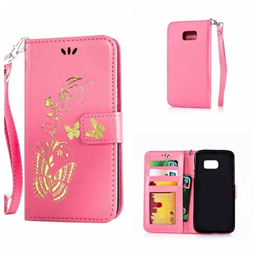 Galaxy S7 Edge Hülle Ledertasche [mit Frei Hartglas Displayschutzfolie], KKEIKO® Schutzhülle PU Leder Tasche Hülle Case für Samsung Galaxy S7 Edge, Wickelfalz Handyhülle mit Bändselloch Standfunktion Karteneinschub und Magnetverschluss, Kratzfeste Lederhülle Flip Wallet (Pink #8)