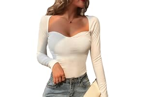 TOEECY Damska koszulka z długim rękawem, seksowna, kwadratowa, wąska, modna, rozciągliwa, prążkowana koszulka, casualowa, krój slim fit, z długim rękawem, jednokolorowa, luźna, z długim rękawem