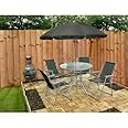 Garden Mile Modern Folding 6 Piece Furniture Set Weatherproof Table, Parasol Umbrella and 4 Chairs Set - Indoor Outdoor Decorative Accessories (Black & Silver)