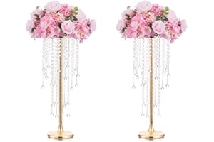 Jarrones Altos Centros de Mesa Boda - 2 Piezas Florero Dorado con Candelabro Cristal Decoraciones de Mesa Inweder 55cm Alto Soporte de Flores Metal para Boda Recepción Fiesta Eventos Hogar