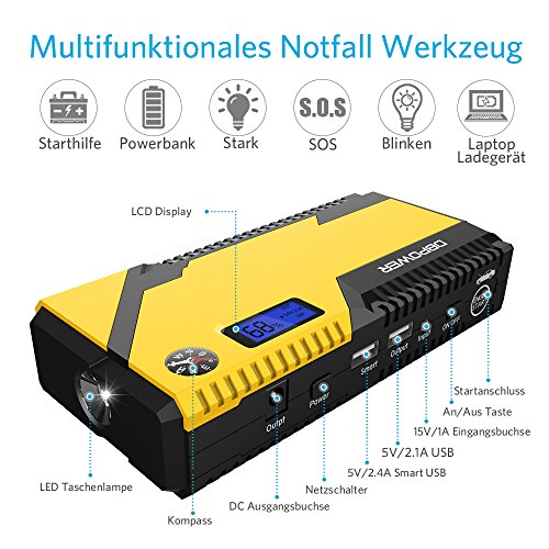 500A Spitzenstrom 12000mAh Tragbare Auto Starthilfe Autobatterie Anlasser, Externer Akku Ladegerät mit Kompas, LCD Display und LED Taschenlampe für Laptop, Smartphone, Tablet und vieles mehr - 2