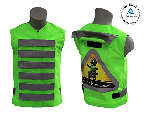 First-Biker: TÜV-geprüfte Kinder-Warnweste mit Haltegriff und 3M™ Scotchlite™ Reflektoren zum Radfahren lernen. Sicherheitsweste als Alternative zur Schiebestange (grün)