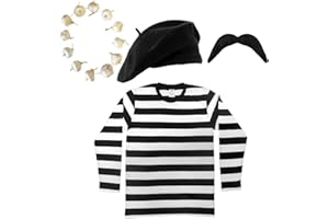 I LOVE FANCY DRESS FRENCH MAN FANCY DRESS COSTUME BLACK & WHITE STRIPED TOP + BLACK BERET + BLACK MOUSTACHE + ONION/GARLIC GARLAND FRENCHMAN OUTFIT SET (LARGE)