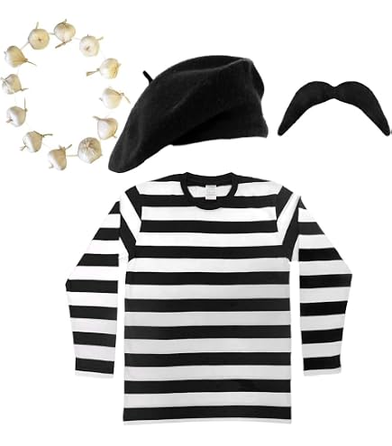 NUWIND Costume da Mimo Francese per Donna Adulta Top a Righe Bianche e Nere Gonna Berretto Calze al Ginocchio Guanti Artista del Circo Carnevale Clown Halloween Abito in Maschera (XL, Nero Bianco