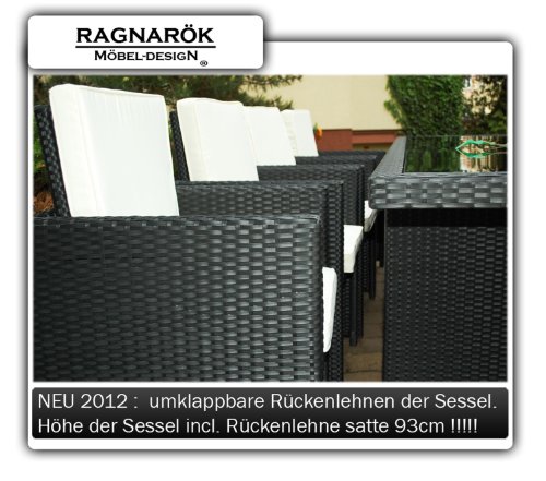 PolyRattan Essgruppe DEUTSCHE MARKE -- EIGNENE PRODUKTION Tisch + 8x Stuhl & 4x Hocker 7 Jahre GARANTIE Garten Möbel incl. Glas und Sitzkissen Ragnarök-Möbeldesign (schwarz) Gartenmöbel