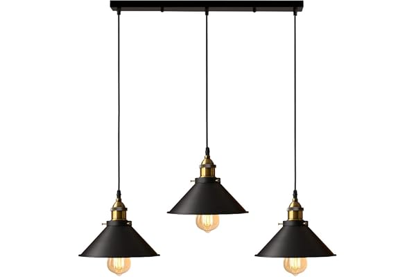 iDEGU 3 Lampes Suspension Luminaire Industrielle Lustre Plafonniers Design Edison Métal Lustre Suspension avec 50cm Support en Barre, Ø 22cm, Noir