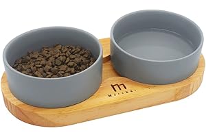 Marchul Miski dla Kota, Miski dla psa z Drewnianym Stojakiem, Ceramiczny Zestaw Misek dla Psów, Miski na Karmę i Wodę dla Kota i Małego Psa