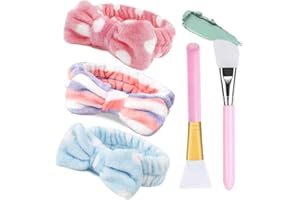 3 Pezzi Fascia Capelli Fiocco Donna con 2 Pennello Maschera in Silicone, FUKPO Bowknot Elastica Fascia per Trucco, Fascia Capelli Bagno per Ragazze Spa Doccia Corsa Yoga Lavaggio Viso