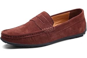 MUYIN Driving Moccasins for Men Genuine Leather Round Toe Stitching Details Suede Vamp Rubber Sole Penny Loafer Lightweight Resistant Flexible Anti-Slip