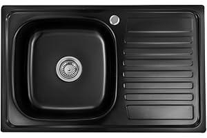 Omeere, Fregadero de cocina empotrable de acero inoxidable 304, grosor de material de 0,8 mm, fregadero de cocina cuadrado, 1 escurridor 80LX50BX18H (escurridor derecho – negro)