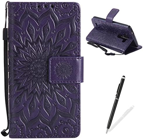 LG G3 Case,LG G3 Wallet Case,MAGQI Luxury Soft PU Leather Cover Embossed Mandala Sunflower Serise Design Stand Function Vintage Retro Flip Slim Fit Skin Protection Shell with Magnet Closure Credit Card Slots Hand Strap Bulit-in Inner Soft TPU Protective Cover + 1 * Black Stylus Pen - Purple