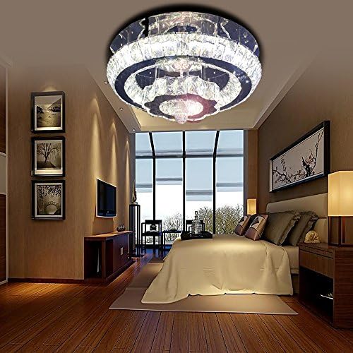 Bedroom Light Modern 19.5" Round Transparent Square Crystals Easy Assemble Double LED Color White(6000K)Warm(3000K) Saving Energy Crystal Ceiling Mount Lights Fixture For Living Room Lamp