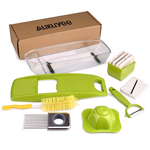 Gemüsehobel, AUKUYEE Mandoline Gemüsehobel Mandoline Slicer Nahrung Gemüsehobel Julienne Schneidegerät Gemüse Reibe Schneider Frucht Zerhacker Würfler 5 Edelstahl Klingen Container Schäler Schneidegerät Zwiebel Halter Reinigung Pinsel Multi-funktional Anpassbar - 6