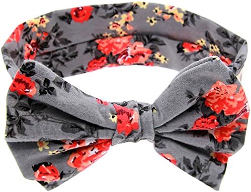 Kissing U Baby Girls Elastic Floral Print Bowknot Headband Turban Headdress (Grey)