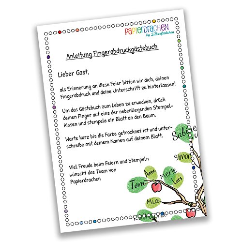DIN A4 Fingerabdruck Gästebuch – personalisierter Baum für deine Hochzeit – von Papierdrachen – mit Stempelkissen – individuell – Wedding Tree – Motiv mittlerer Baum bunt - 3