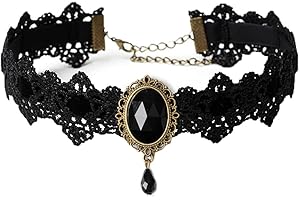 JUSTUSNX Collar de encaje negro con colgante de cristal, collar de terciopelo vintage, collar gótico de flores huecas, joyería de Halloween, accesorios para mujeres y niñas