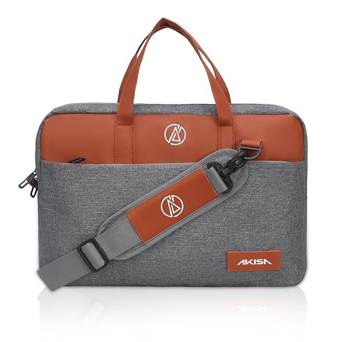 AKISA Laptop Bag Sleeve Case Cover Pouch with Handle for 15.6 inches Laptop, Padded Laptop Compartment, Premium Zipper Closure Water Repellent Nylon Fabric, Grey & Brown