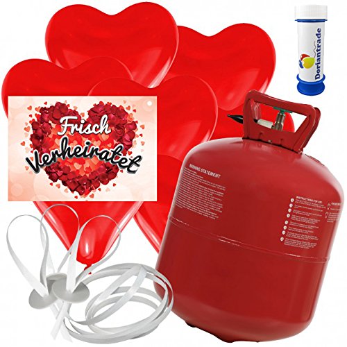 50 Herz Luftballons freie Farbwahl mit Helium Ballon Gas + 50 Weitflugkarten "Frisch Verheiratet Rosenblätter" + Gratis Doriantrade Seifenblasen 60 ml Hochzeit Valentinstag Komplettset