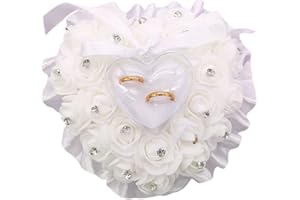SWZY Weiß Hochzeit Ringkissen, Hochzeit Ringbox Romantische Ehering Kissen Herzförmig Ringhalter, Vintage Hochzeitsdeko Ehering-Kissen mit Satinband, Wedding Gift Für Valentinstag Hochzeit, 18 × 19 cm