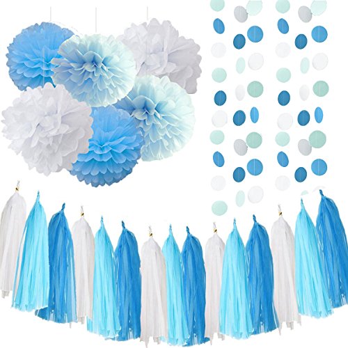 Furuix Babyparty Junge Türkisbaby-blaues weißes Geschlecht decken Partei-Dekoration-Gewebe-Papier-Troddel-Girlande-Gewebe-Papier Pom Pom Kreis-Girlande für rustikale Hochzeits-Baby-Dusche, Geburtstagsfeier, Baumschulen-Dekoration / Brautduschen-Dekoration auf - 6