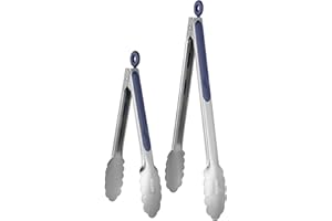 U-Taste Szczypce kuchenne ze stali nierdzewnej: Odporne na ciepło szczypce do gotowania z jednoczęściowymi solidnymi metalowymi końcówkami i antypoślizgowym uchwytem pokrytym silikonem i gładkim zamknięciem do serwowania sałatek spożywczych (zestaw 2 sztuk, niebieski Midnight Blue)