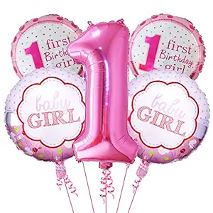 Party Propz Girls First Birthday Balloons Decorations Items Combo 5Pcs For Baby Girl 1st Bday Decor/Photo booth Backdrop Decoration materials/1st Birth Day Party Decor/Stylish Latest Pink White