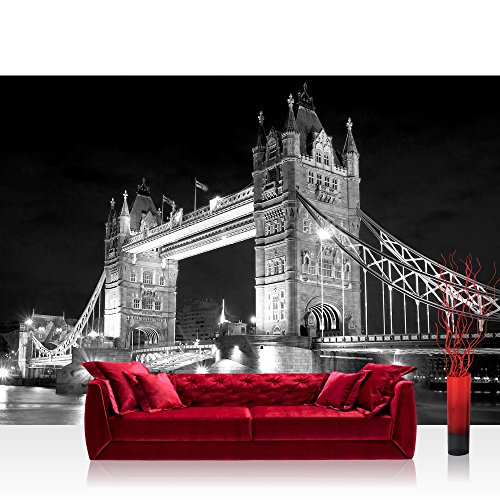 Vlies Fototapete 152.5x104cm PREMIUM PLUS Wand Foto Tapete Wand Bild Vliestapete - London Tapete Brücke Tower Bridge Fluss Wolken England Nacht schwarz - no. 2491