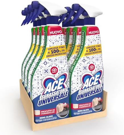 ACE Sgrassatore Spray Profumo di Marsiglia – Sgrassatore Universale per Superfici Casa e Cucina, Rimuove Grasso Ostinato e Sporco, Formula Zero Aloni con Profumo di Marsiglia, 8 spray da 600mL