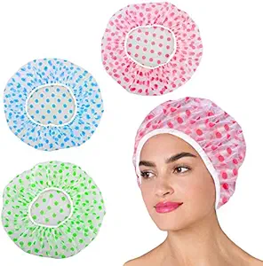 PFB 3 Piece Waterproof Shower Cap Reusable Bath Caps with Elastic Band Long Hair Environmental Protection for Men Women Ladies Girls Kids for Spa Salon Home Hair Treatment Beauty Parlor Use