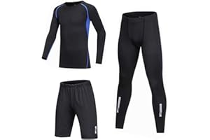 BUYKUD Kids' Boys 3PCS Long Sleeve Base Layer Compression Athletic Shirt Tights Top & Bottom Thermal Underwear Sports Set
