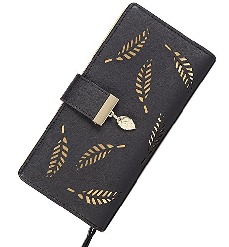 Tuopuda Women's Wallet Hollow Leaf Pattern Bifold Leather Lady Long Wallet Purse Coin Button Clutch Bag (Black)