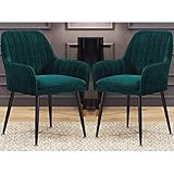 Lot de 2 Chaises salle à manger en velours Les fauteuils Siège rembourré avec dossier et accoudoir Pieds en métal noir pour salon/chambre/café/vanité (Color : Green)