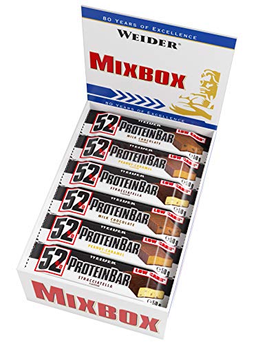 Weider Mix Box - Barras de proteínas 52%, 3 sabores, 24 Barras x 50 g