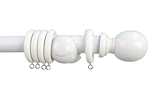AMARI BARGAINS Amari Bargain Large Wooden Curtain Poles - 28mm Diameter Wood Pole - Door Window Curtain Rod - Classic Finials & Rings Set - Fixed Length Wooden Rail - For Living Room, Office (White - 180cm)
