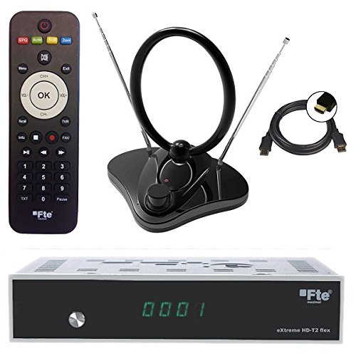 FTE HD-T2 DVB-T2 Receiver + 30 dB ANTENNE Full HD HEVC/ H.265 (HDTV, HDMI, SCART, USB 2.0) + 1,5m HDMI Kabel