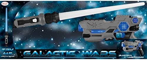 Galactic Wars Space Laser Sword and Gun Blaster Set with Flashing Lights and Sounds (one Size, Grey/Blue/Black)