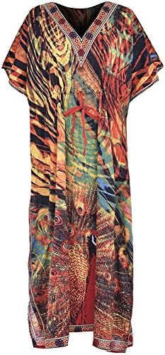New Ladies Womens Long Cool Kaftans Printed Dress With Waist Tie (V/Peacock Red)