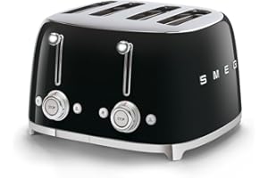 Smeg, Tostapane 4x4 TSF03BLEU, 4 Scomparti per 4 fette, 6 Livelli di Doratura, Funzione Riscaldamento, Scongelamento e Bagel, Espulsione Automatica del Pane, 2 Cassetti Raccoglibriciole, 2000W, Nero