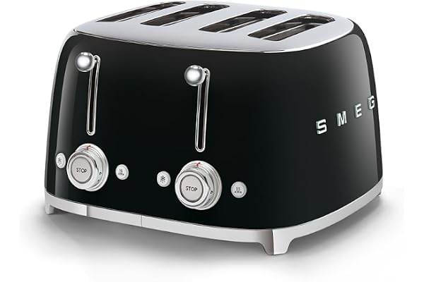 Smeg, Grille-pain 4 Tranches TSF03BLEU, 4 Fentes 36 mm, 6 Niveaux de Brunissage, Fonction Chauffage, Décongélation et Bagel, Éjection Automatique du Pain, 2 Ramasse Miettes, 2000 W, Noir