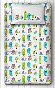 Silverlinen Silly Monsters 100% Cotton 250 TC Single Bedsheet for Kids Room for Girls and Boys with One Pillow Cover - Green
